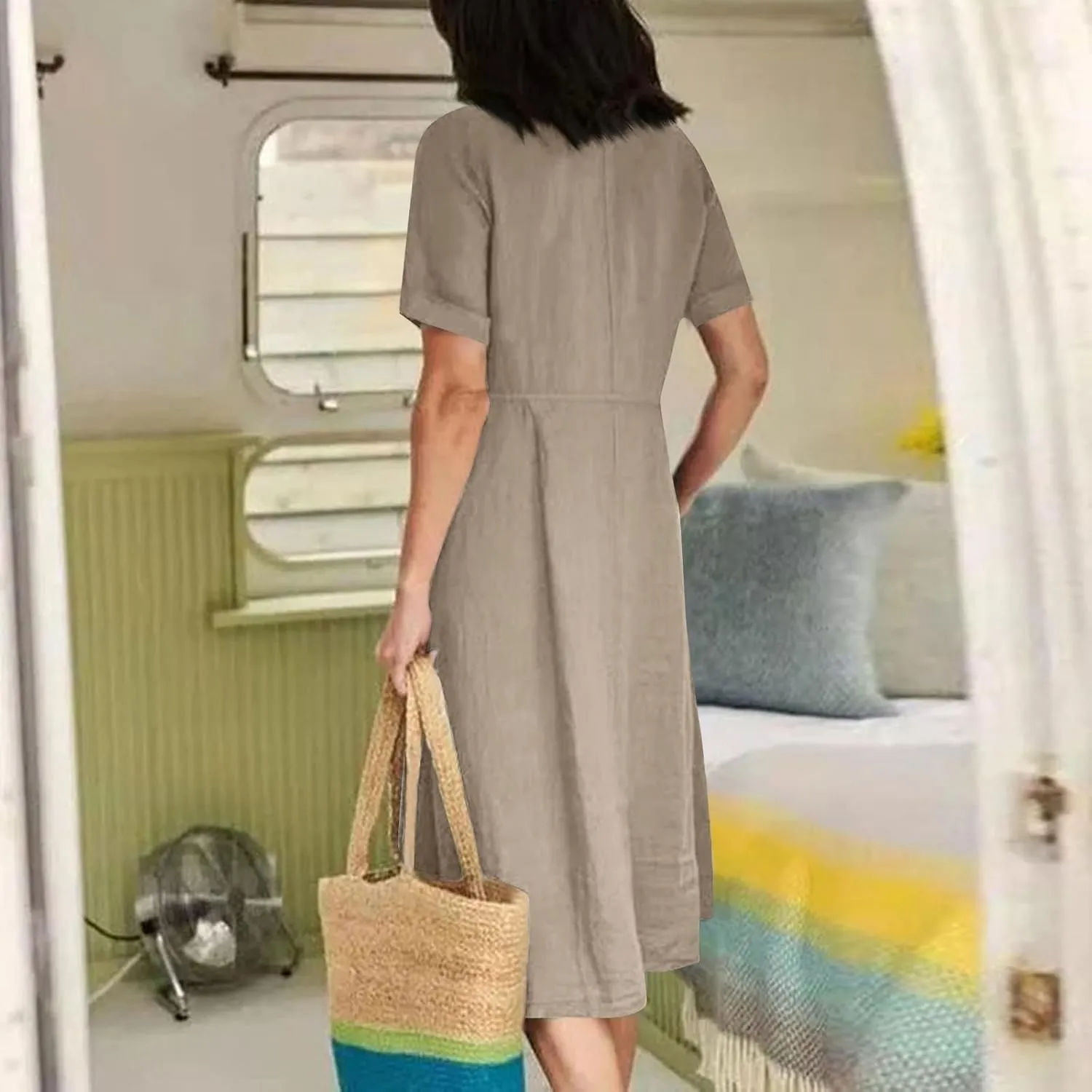 Women's Beach Dress Summer Casual Loose Trendy Short Sleeve V-Neck Solid Button Linen Dresses 2025 Plus Size, S-5XL