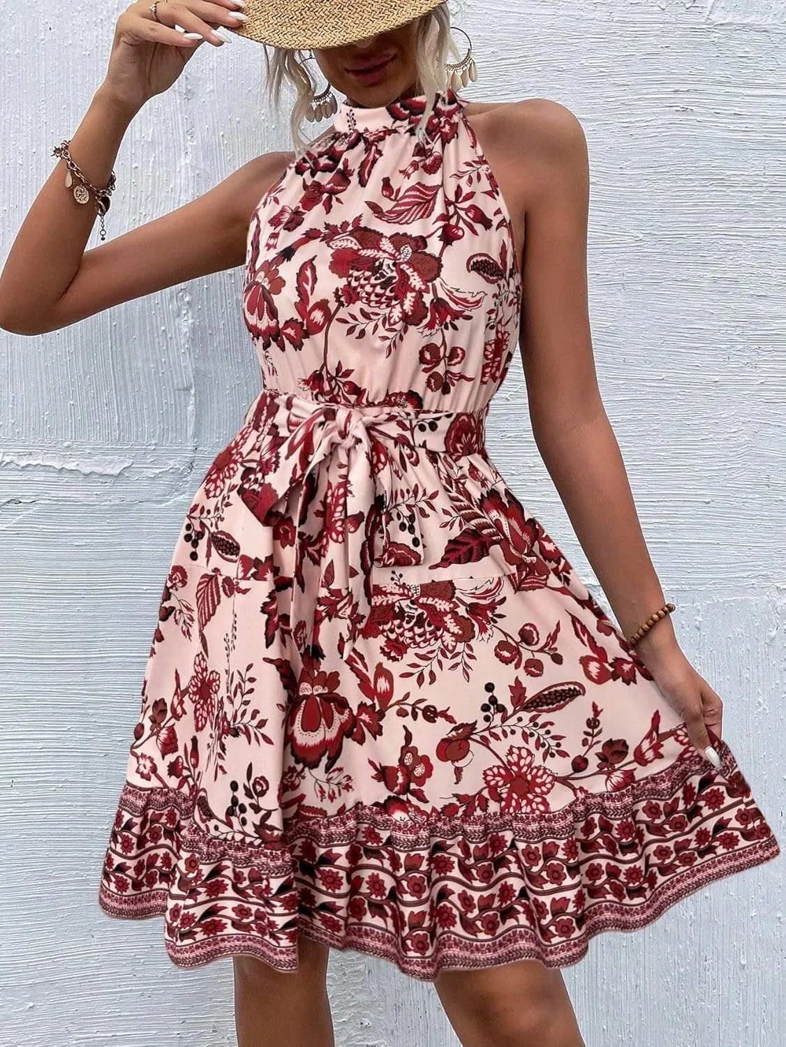 Women's Boho Floral Sundress Halter Neck A-line Sleeveless Flowy Midi Dresses 2025 Summer Casual Beach Vacation Mini Dress