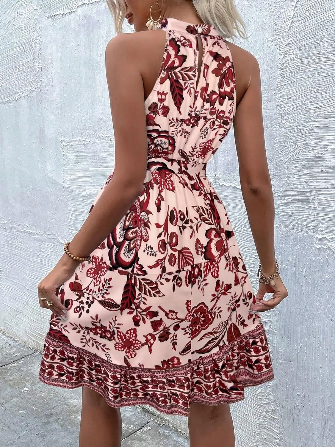 Women's Boho Floral Sundress Halter Neck A-line Sleeveless Flowy Midi Dresses 2025 Summer Casual Beach Vacation Mini Dress