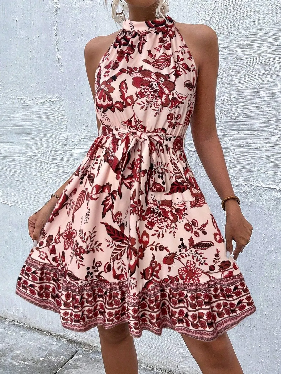 Women's Boho Floral Sundress Halter Neck A-line Sleeveless Flowy Midi Dresses 2025 Summer Casual Beach Vacation Mini Dress