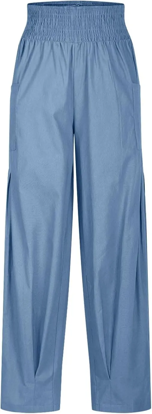 Women's Boho Linen Pants Summer Casual Loose High Waist Cargo Lounge Harem Pants 2025 Beach Travel Vacation Outfits
