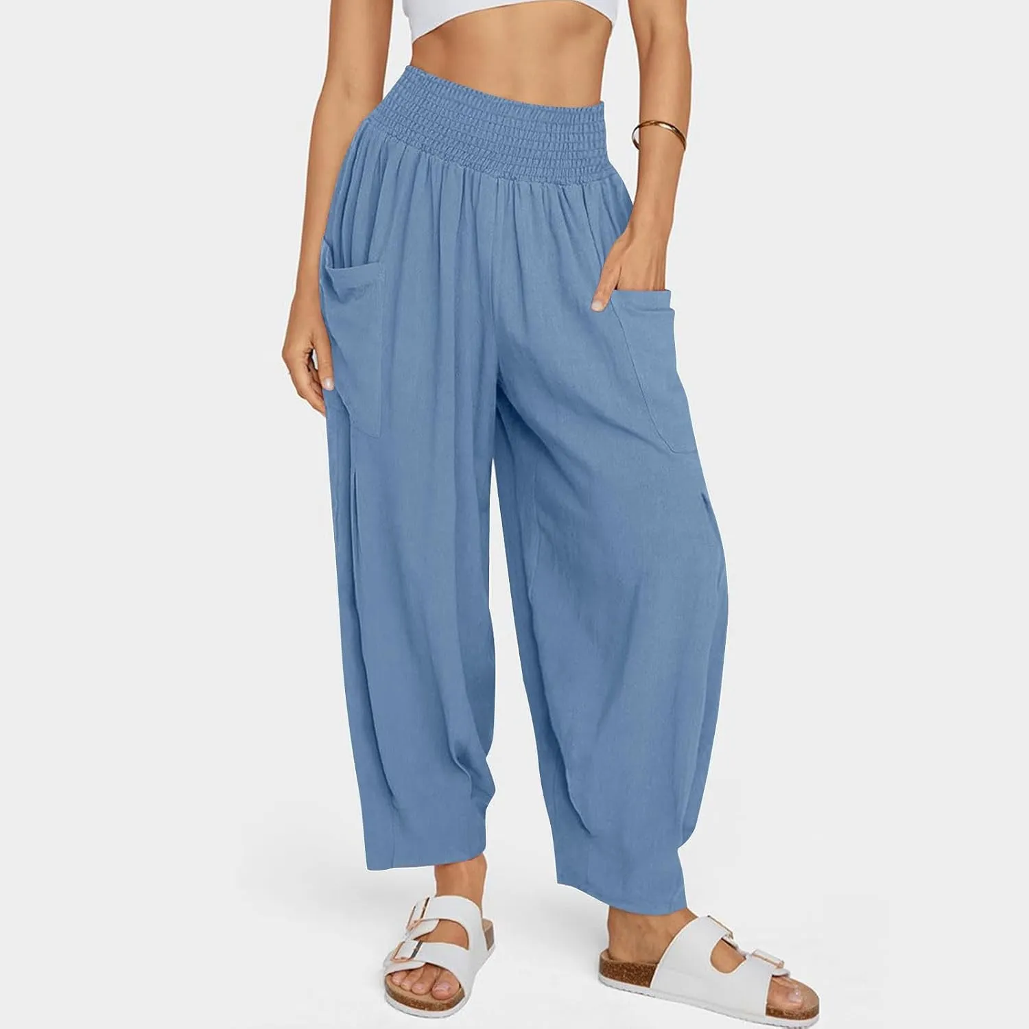 Women's Boho Linen Pants Summer Casual Loose High Waist Cargo Lounge Harem Pants 2025 Beach Travel Vacation Outfits