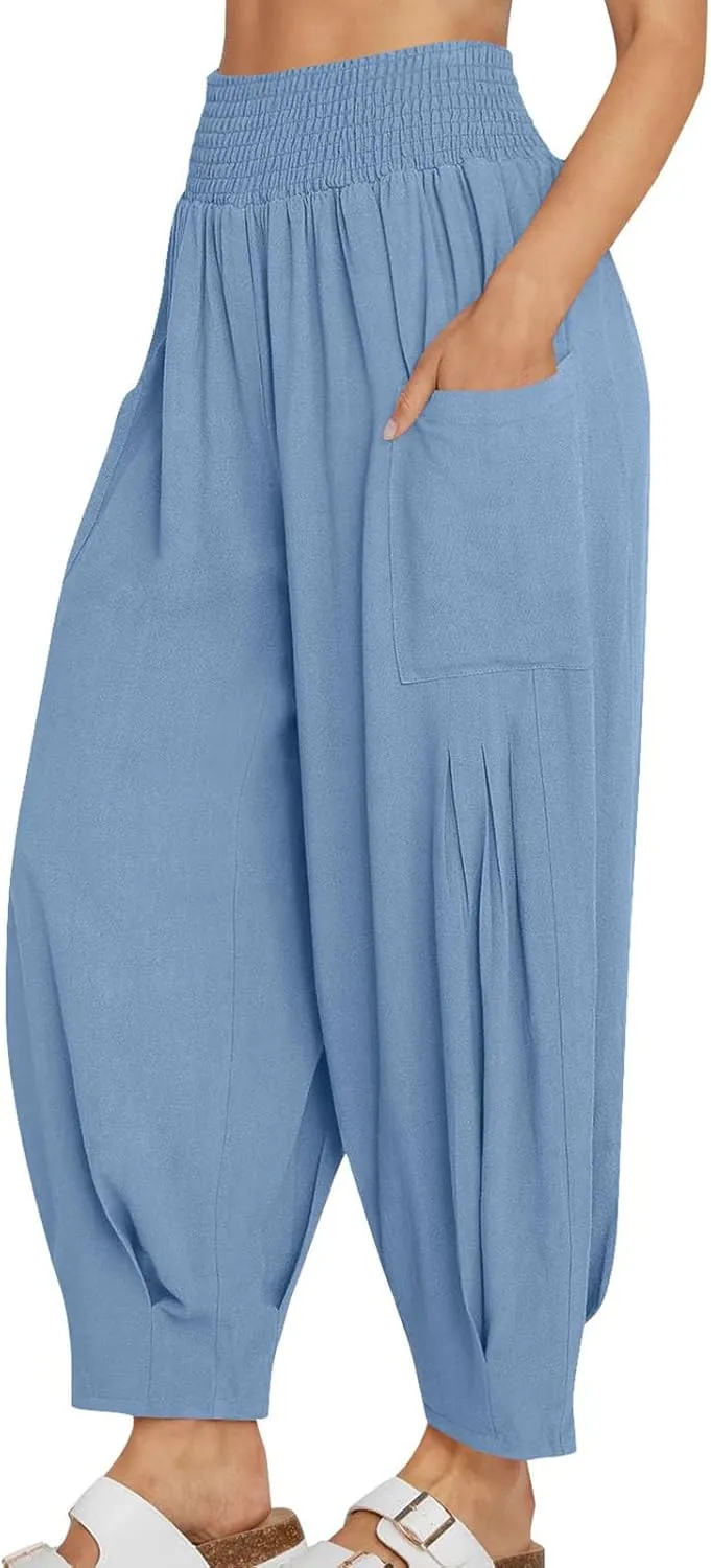 Women's Boho Linen Pants Summer Casual Loose High Waist Cargo Lounge Harem Pants 2025 Beach Travel Vacation Outfits