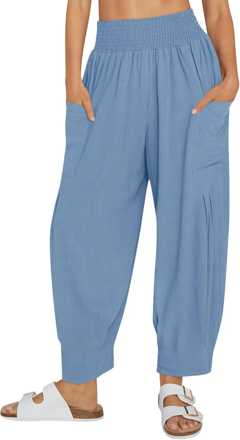 Women's Boho Linen Pants Summer Casual Loose High Waist Cargo Lounge Harem Pants 2025 Beach Travel Vacation Outfits