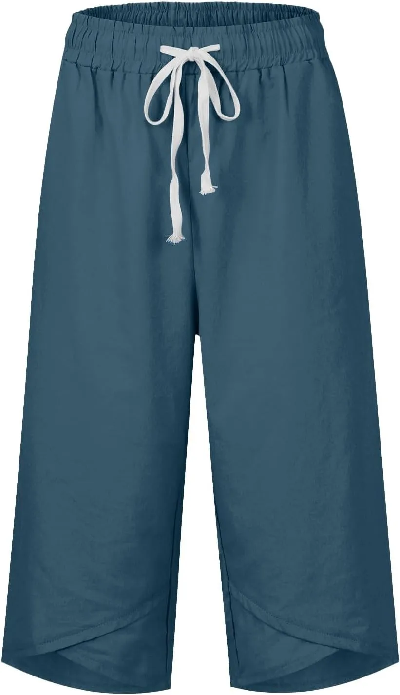 Women'S Casual Bottoms Pants Linen Lounge Drawstring Capri Breathable Pajama Summer Trousers With Pockets