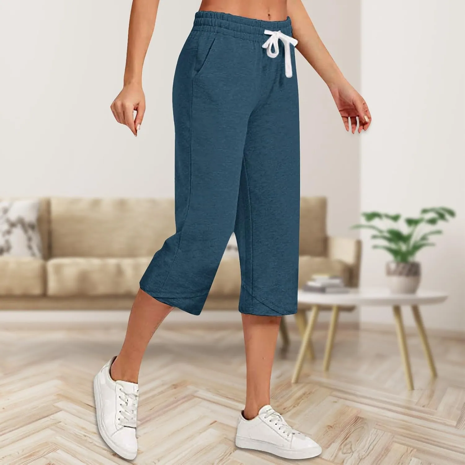 Women'S Casual Bottoms Pants Linen Lounge Drawstring Capri Breathable Pajama Summer Trousers With Pockets