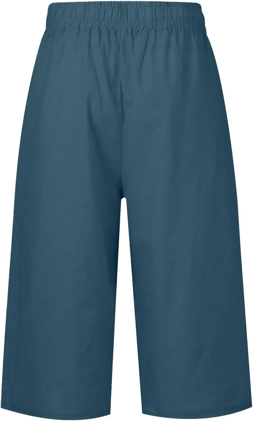 Women'S Casual Bottoms Pants Linen Lounge Drawstring Capri Breathable Pajama Summer Trousers With Pockets