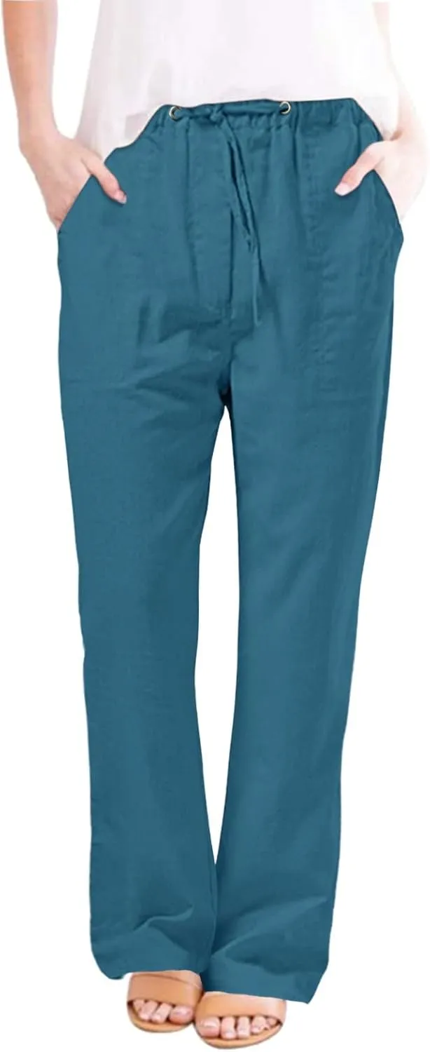 Womens Casual Cotton Linen Pants Lightweight Summer Relax Fit Drawstring Elastic Waist Long Trousers Lounge Plus Size