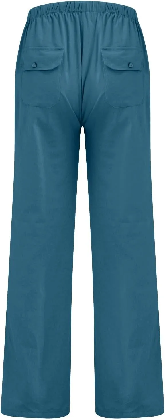 Womens Casual Cotton Linen Pants Lightweight Summer Relax Fit Drawstring Elastic Waist Long Trousers Lounge Plus Size