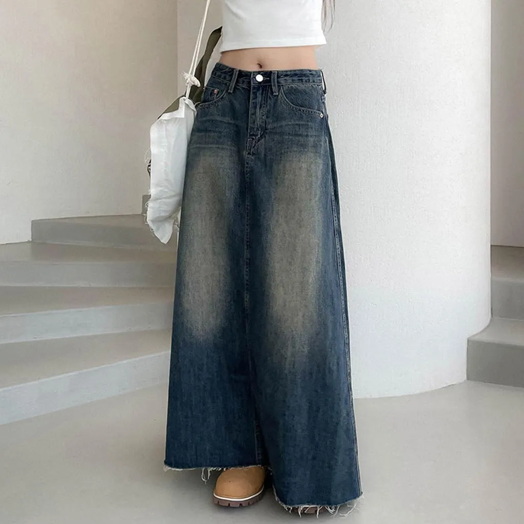 Women's Casual High Waisted Denim Skirt Vintage Raw Hem A Line Flare Jean Skirt with Pockets