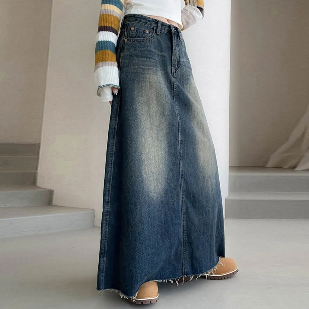 Women's Casual High Waisted Denim Skirt Vintage Raw Hem A Line Flare Jean Skirt with Pockets