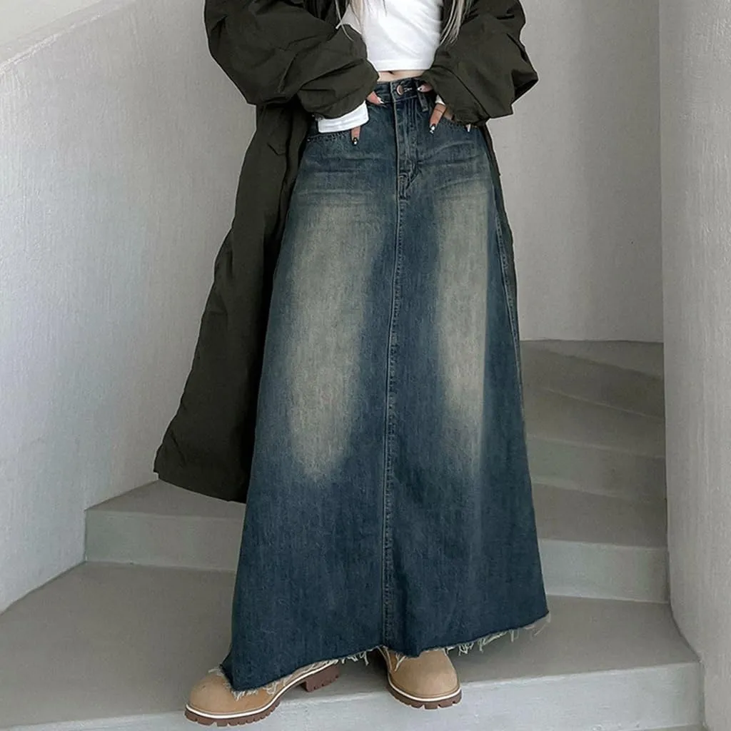 Women's Casual High Waisted Denim Skirt Vintage Raw Hem A Line Flare Jean Skirt with Pockets