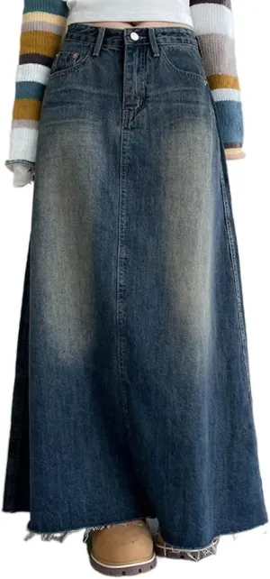 Women's Casual High Waisted Denim Skirt Vintage Raw Hem A Line Flare Jean Skirt with Pockets