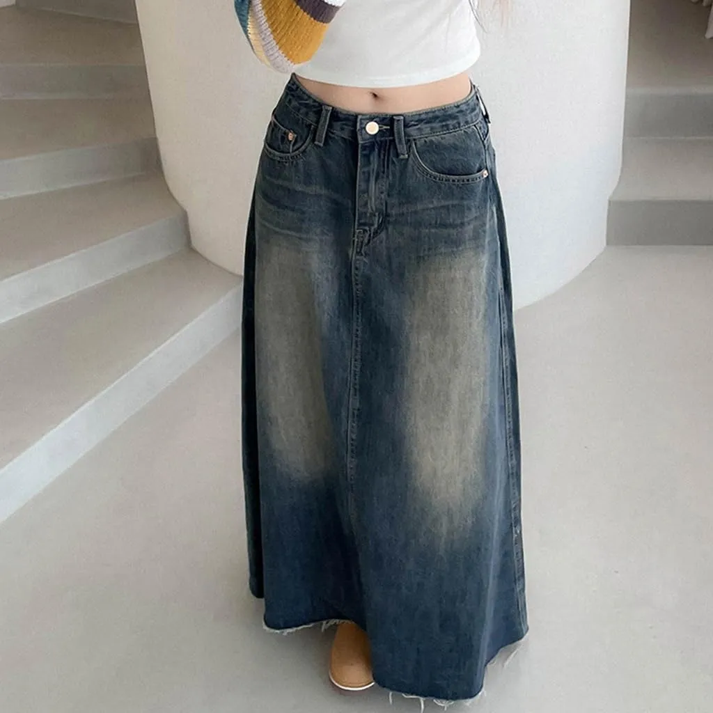 Women's Casual High Waisted Denim Skirt Vintage Raw Hem A Line Flare Jean Skirt with Pockets