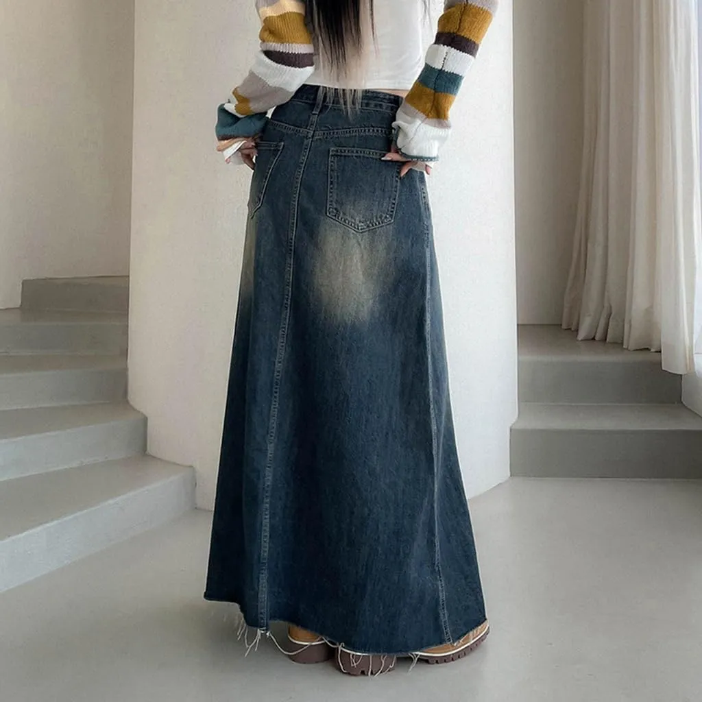 Women's Casual High Waisted Denim Skirt Vintage Raw Hem A Line Flare Jean Skirt with Pockets
