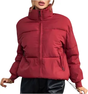 Womens Casual Puffer Jacket Winter Long Sleeve Full Zip Cotton Padded Coat Warm Stand Collar Short Quilted Down Outwear