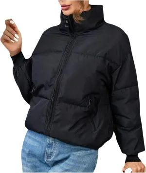 Womens Casual Puffer Jacket Winter Long Sleeve Full Zip Cotton Padded Coat Warm Stand Collar Short Quilted Down Outwear