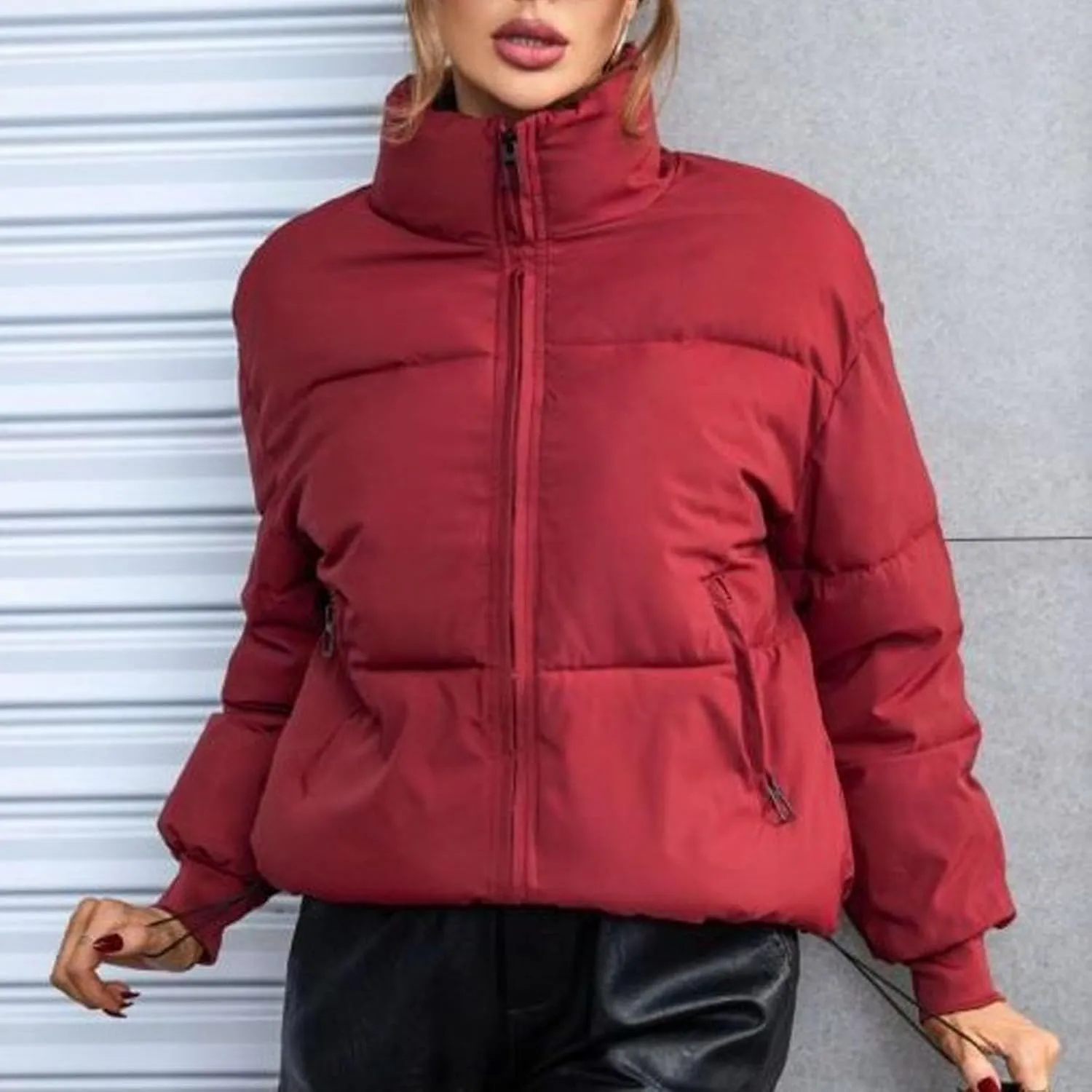 Womens Casual Puffer Jacket Winter Long Sleeve Full Zip Cotton Padded Coat Warm Stand Collar Short Quilted Down Outwear