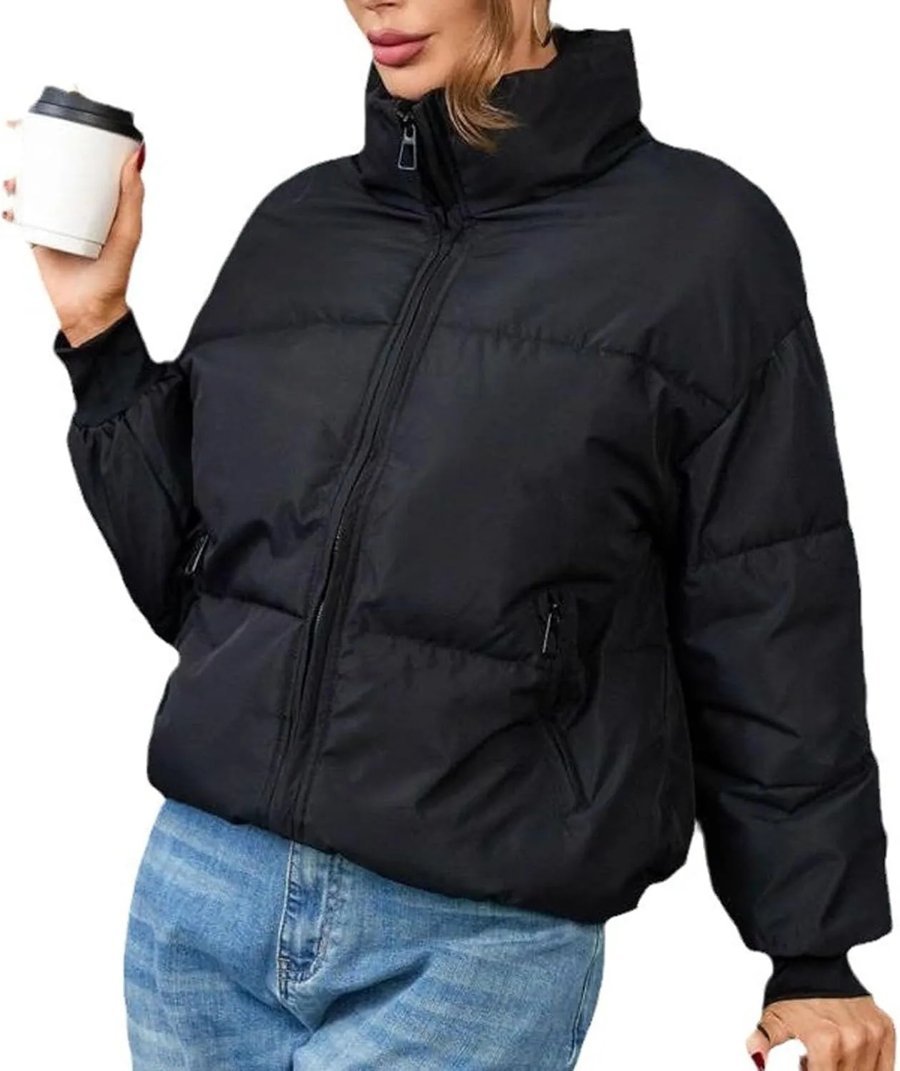 Womens Casual Puffer Jacket Winter Long Sleeve Full Zip Cotton Padded Coat Warm Stand Collar Short Quilted Down Outwear