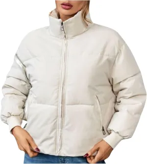 Womens Casual Puffer Jacket Winter Long Sleeve Full Zip Cotton Padded Coat Warm Stand Collar Short Quilted Down Outwear