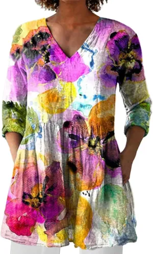 Womens Cool Vintage Boho Vacation Blouse Loose Flowy Floral Graphic Button Down Shirt Trendy 2025 Workwear Tunics