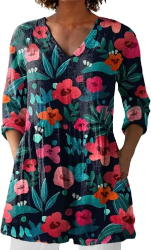 Womens Cool Vintage Boho Vacation Blouse Loose Flowy Floral Graphic Button Down Shirt Trendy 2025 Workwear Tunics