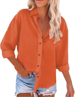 Women's Cotton Linen Henley Shirts Women's Spring Autumn Casual Double Pocket Short Loose Fit Fashion Trendy Clothes