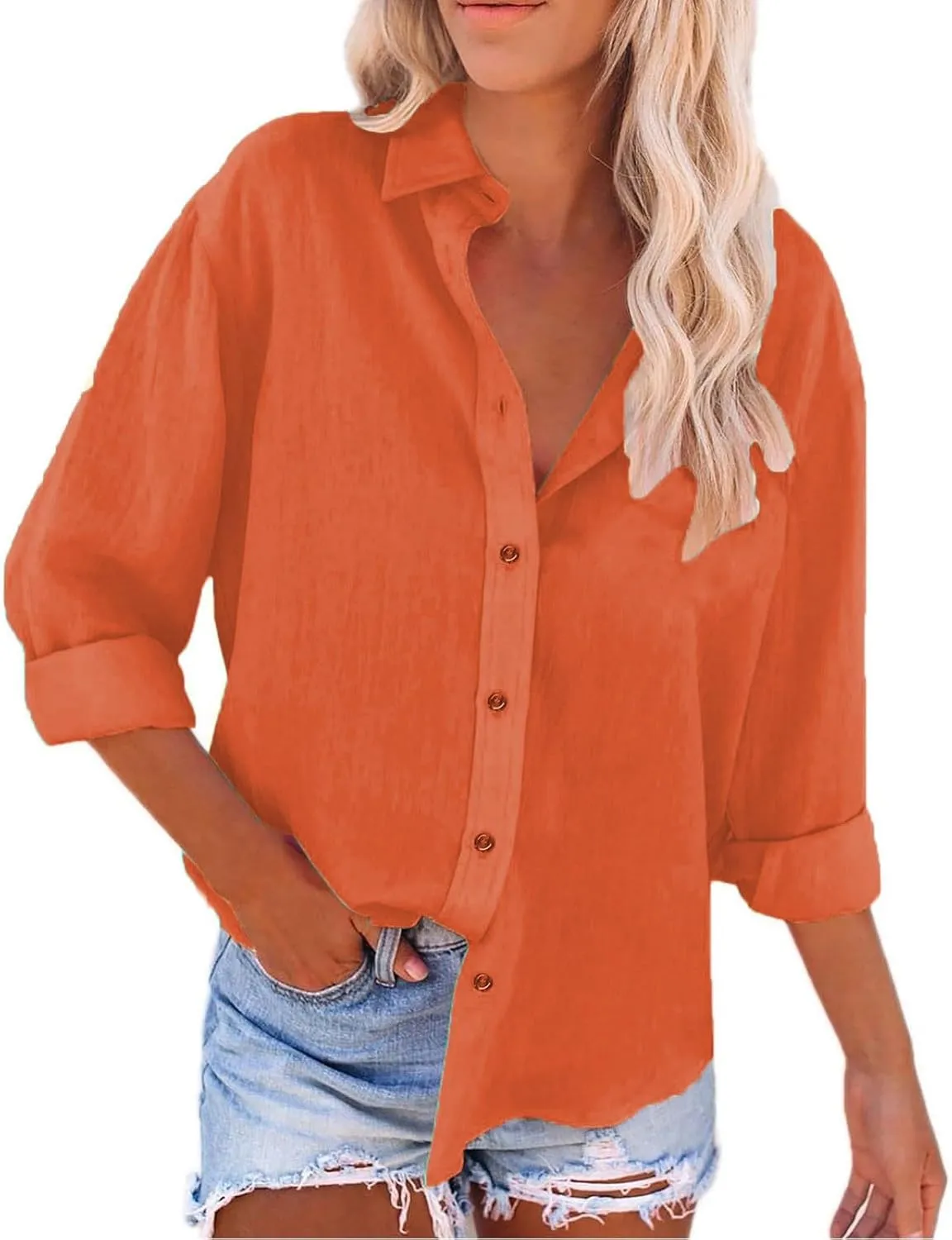 Women's Cotton Linen Henley Shirts Women's Spring Autumn Casual Double Pocket Short Loose Fit Fashion Trendy Clothes