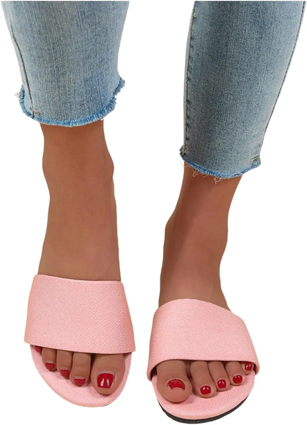 Women's Cute Slip On Studded Flat Slides Sandals 2025 Open Toe Solid Color Fashion Slip-on Leather Flat Slippers Wide Width Outdoor Lightweight Casual Summer Beach Vacation Shoes