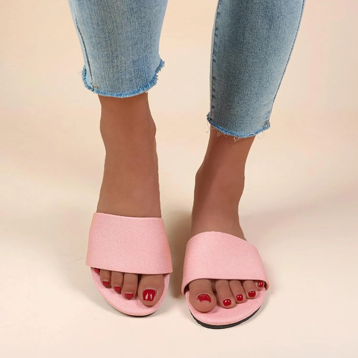 Women's Cute Slip On Studded Flat Slides Sandals 2025 Open Toe Solid Color Fashion Slip-on Leather Flat Slippers Wide Width Outdoor Lightweight Casual Summer Beach Vacation Shoes