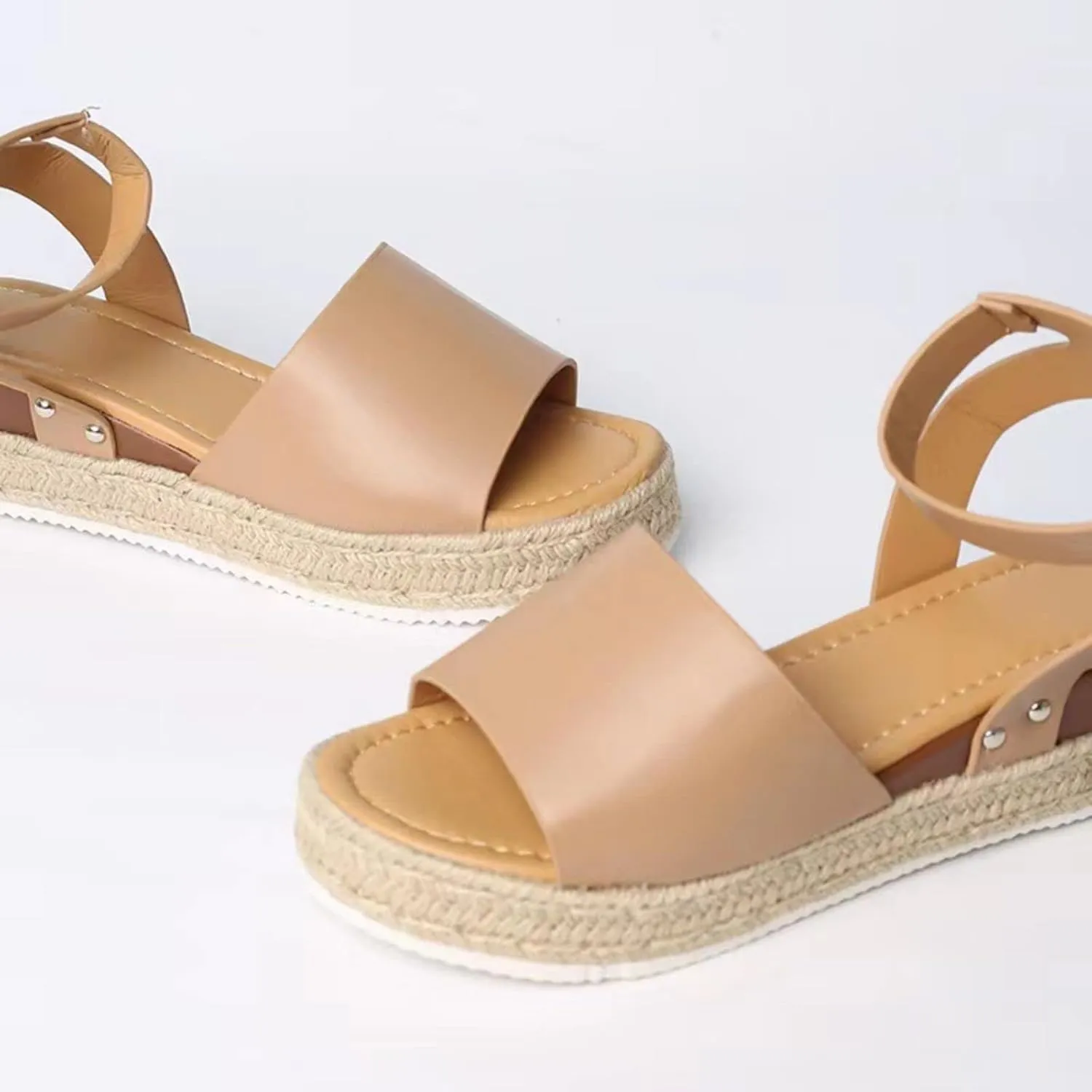 Womens Espadrilles Flatform Sandal Open Toe Buckle Ankle Strap Studded Platform Wedge Sandals Casual Comfortable Dressy Summer Shoes