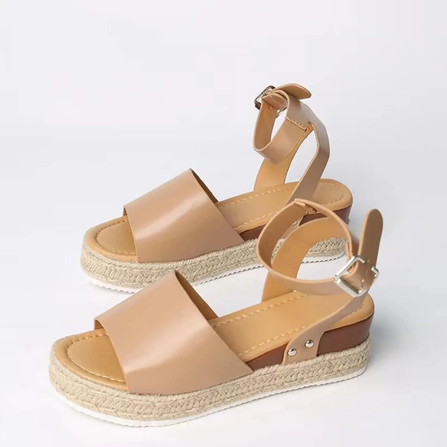 Womens Espadrilles Flatform Sandal Open Toe Buckle Ankle Strap Studded Platform Wedge Sandals Casual Comfortable Dressy Summer Shoes