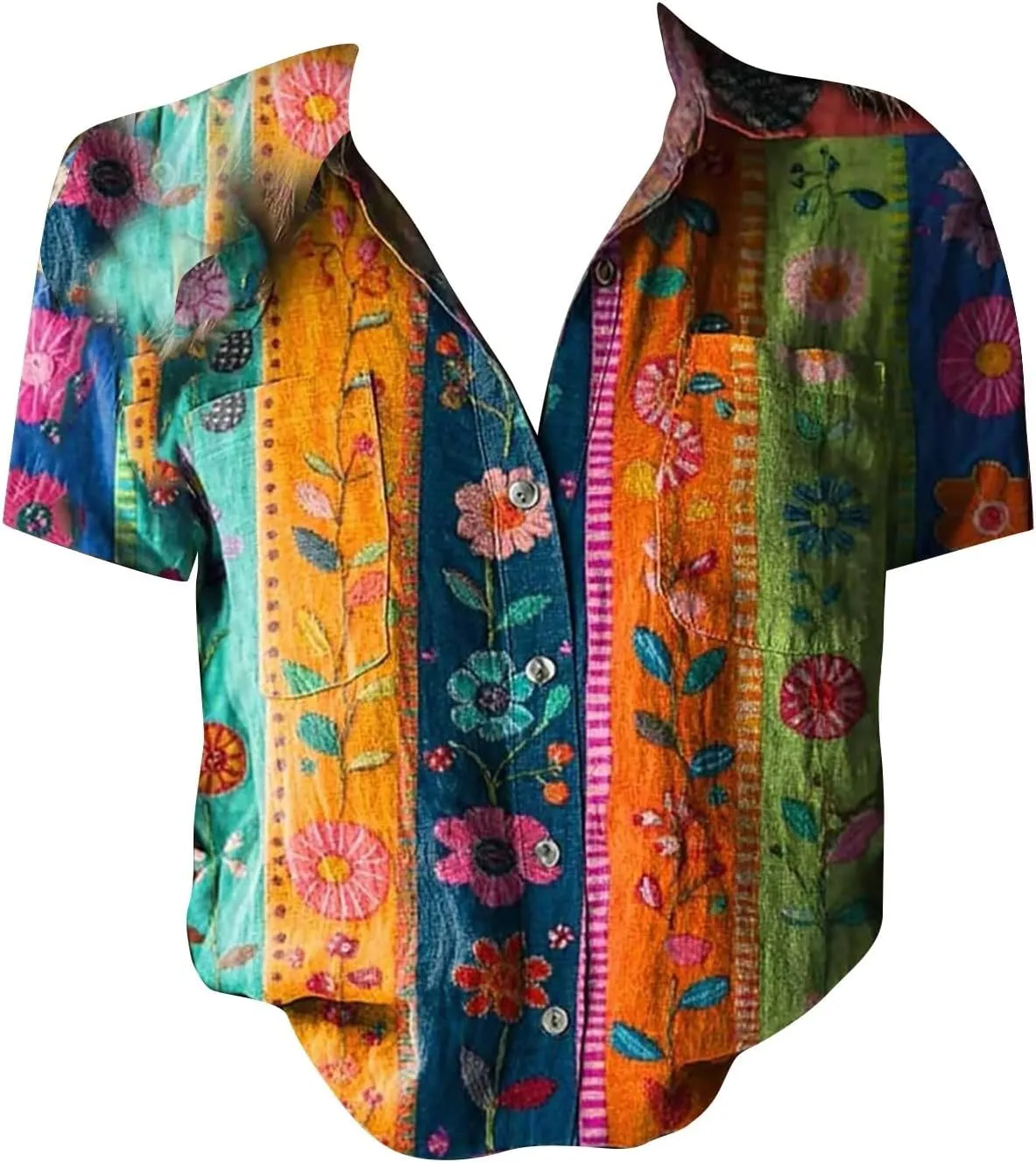 Women's Ethnic Shirts Floral Print Button Down Shirt Loose Fit Short Sleeve Linen Blouse Summer Boho Casual Tops