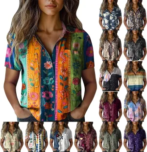 Women's Ethnic Shirts Floral Print Button Down Shirt Loose Fit Short Sleeve Linen Blouse Summer Boho Casual Tops