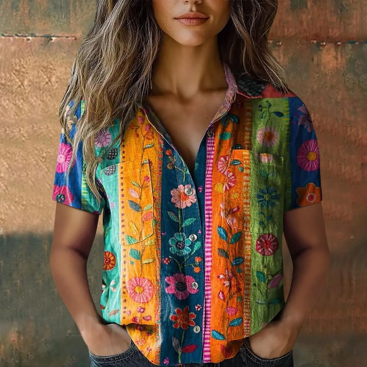 Women's Ethnic Shirts Floral Print Button Down Shirt Loose Fit Short Sleeve Linen Blouse Summer Boho Casual Tops