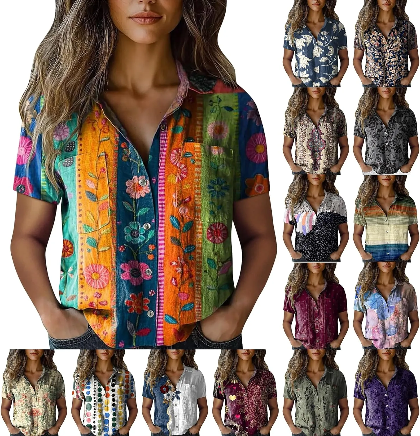 Women's Ethnic Shirts Floral Print Button Down Shirt Loose Fit Short Sleeve Linen Blouse Summer Boho Casual Tops