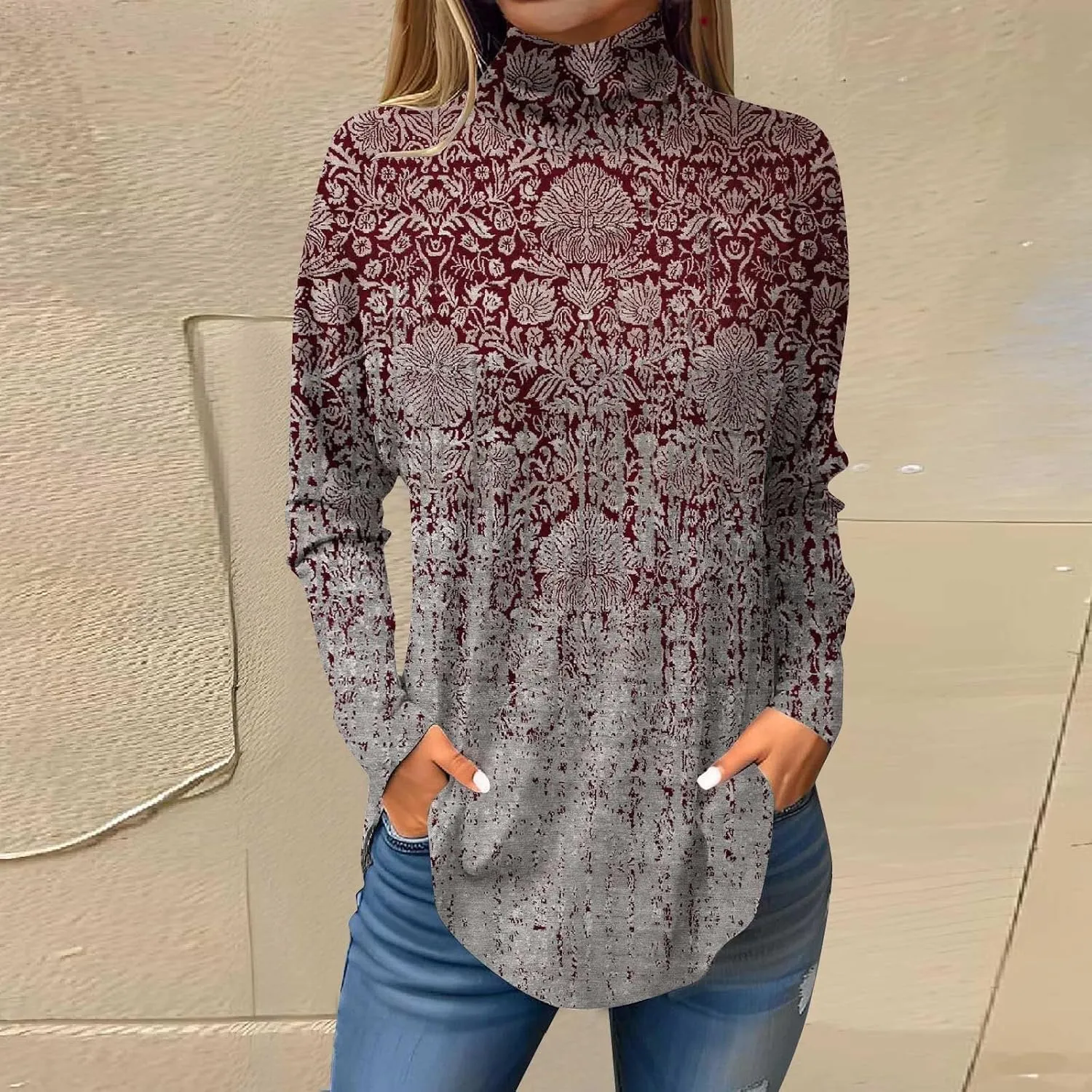 Womens Fall Tops Printing Long Sleeve Sweatshirts Turtleneck Vintage Pullover Tunic Y2k Shirt Fashion Casual Blouses