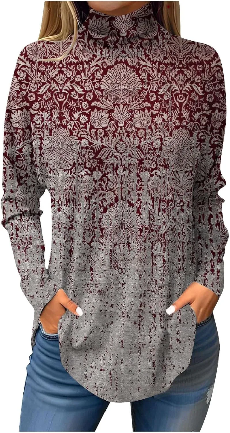 Womens Fall Tops Printing Long Sleeve Sweatshirts Turtleneck Vintage Pullover Tunic Y2k Shirt Fashion Casual Blouses