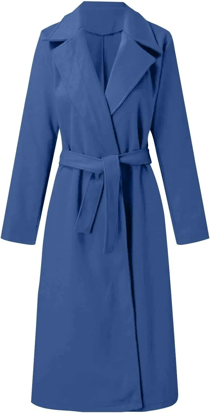 Women's Faux Wool Coat Blouse Thin Coat Trench Long Jacket Ladies Slim Long Belt Elegant Overcoat Oversized
