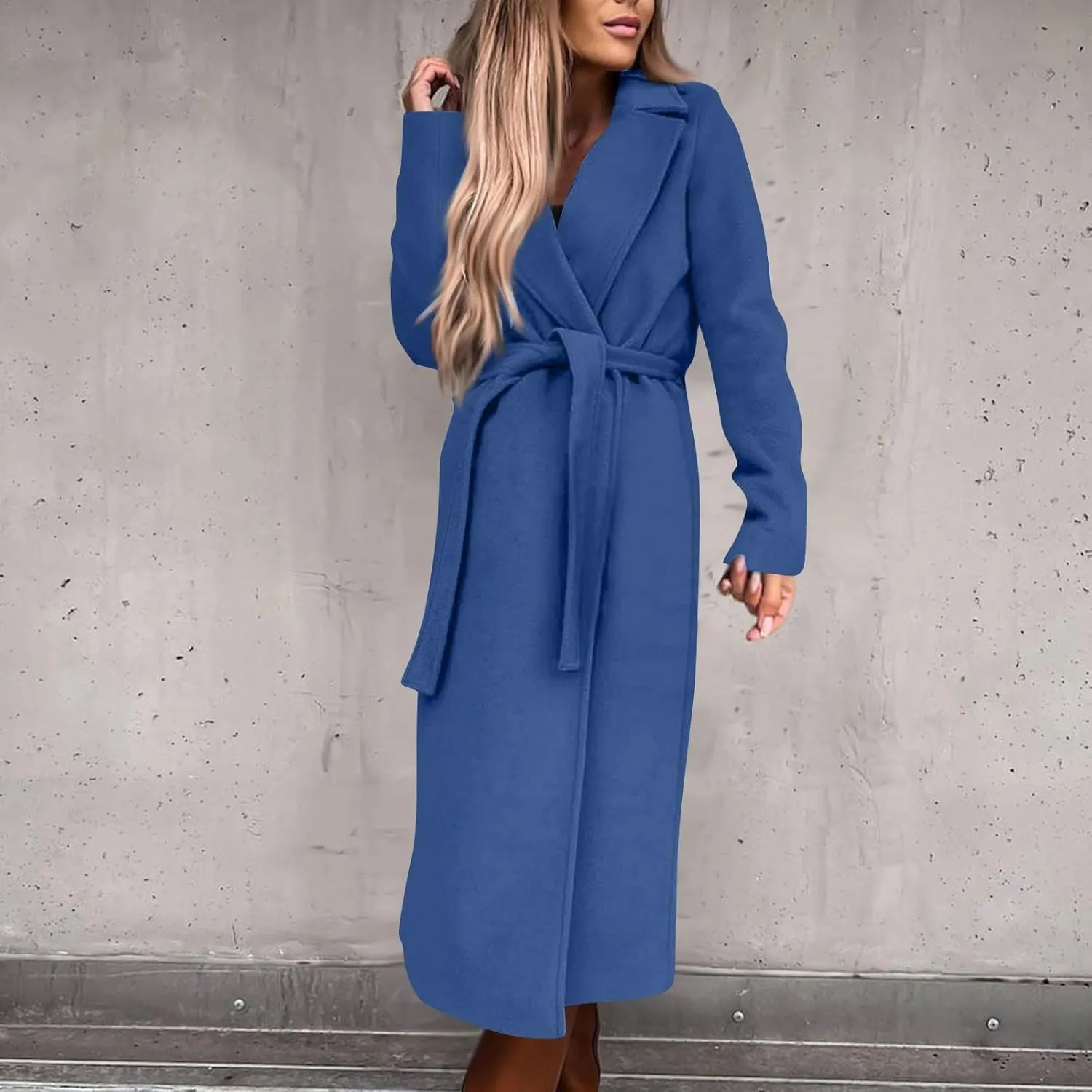 Women's Faux Wool Coat Blouse Thin Coat Trench Long Jacket Ladies Slim Long Belt Elegant Overcoat Oversized
