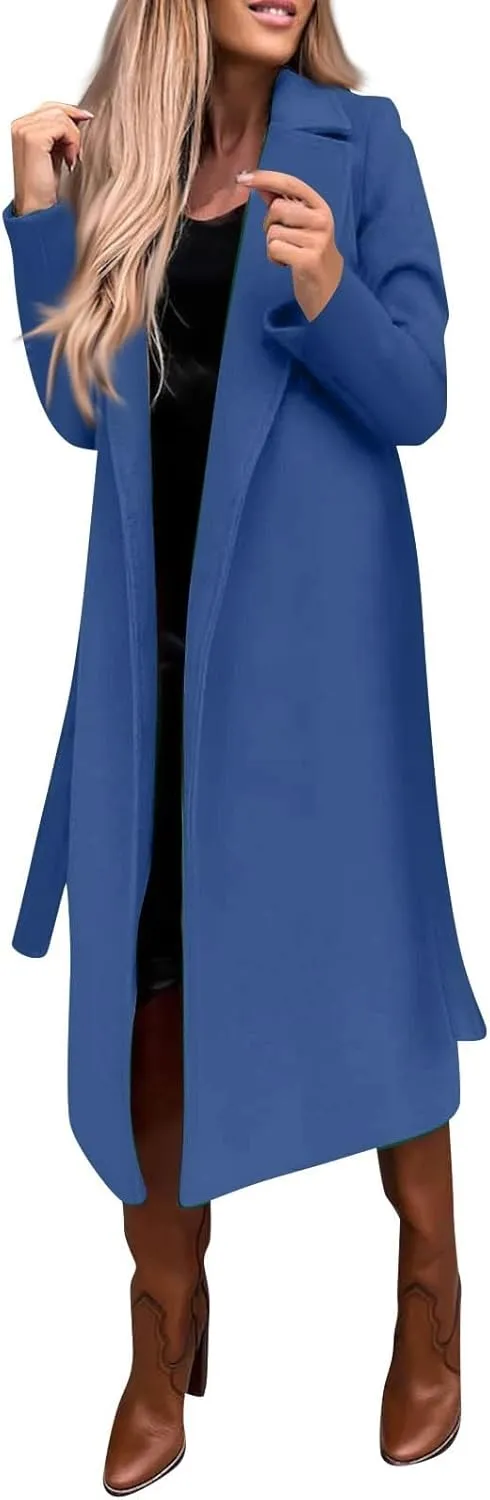 Women's Faux Wool Coat Blouse Thin Coat Trench Long Jacket Ladies Slim Long Belt Elegant Overcoat Oversized