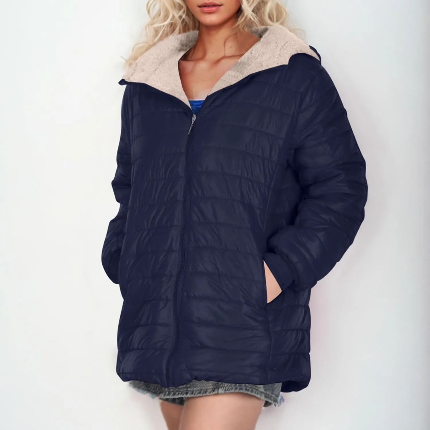 Women's Fleece Lined Zipper Winter Warm Hood Coat, Autumn Winter Long Sleeved Cotton-padded Jacket Comfy Down Jacket
