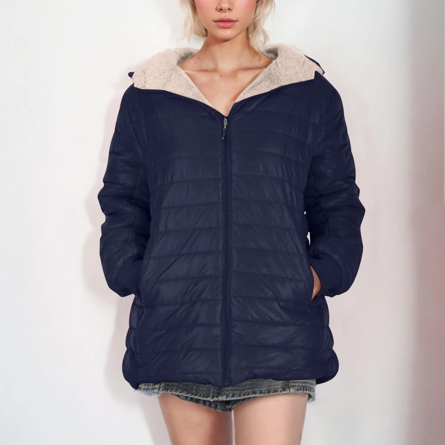 Women's Fleece Lined Zipper Winter Warm Hood Coat, Autumn Winter Long Sleeved Cotton-padded Jacket Comfy Down Jacket