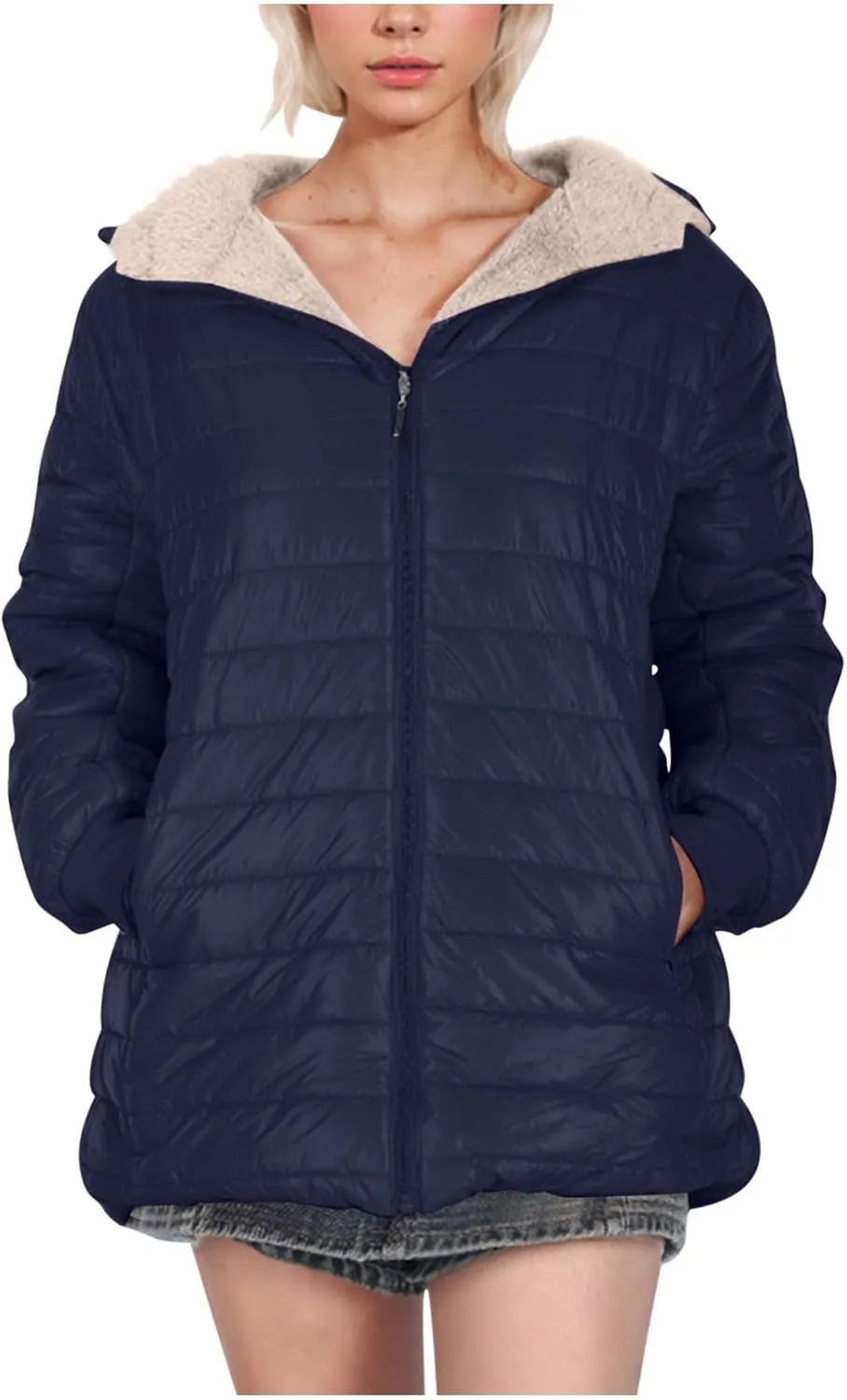 Women's Fleece Lined Zipper Winter Warm Hood Coat, Autumn Winter Long Sleeved Cotton-padded Jacket Comfy Down Jacket