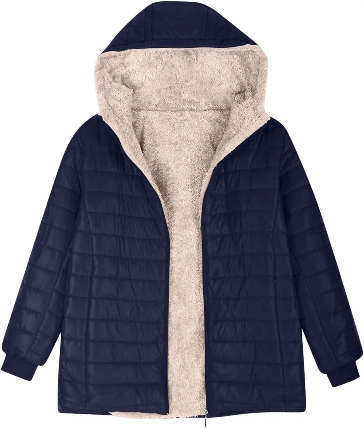 Women's Fleece Lined Zipper Winter Warm Hood Coat, Autumn Winter Long Sleeved Cotton-padded Jacket Comfy Down Jacket