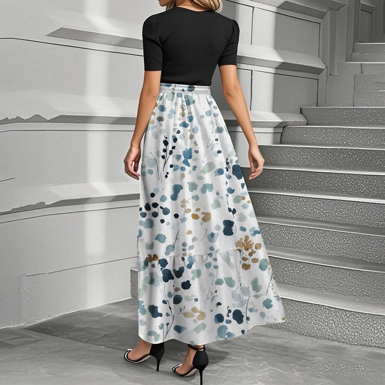 Women's Floral Summer Fashion Dresses Tie Belted Patchwork Empire Waist Short Sleeve Ruffle Flowy Long Dress
