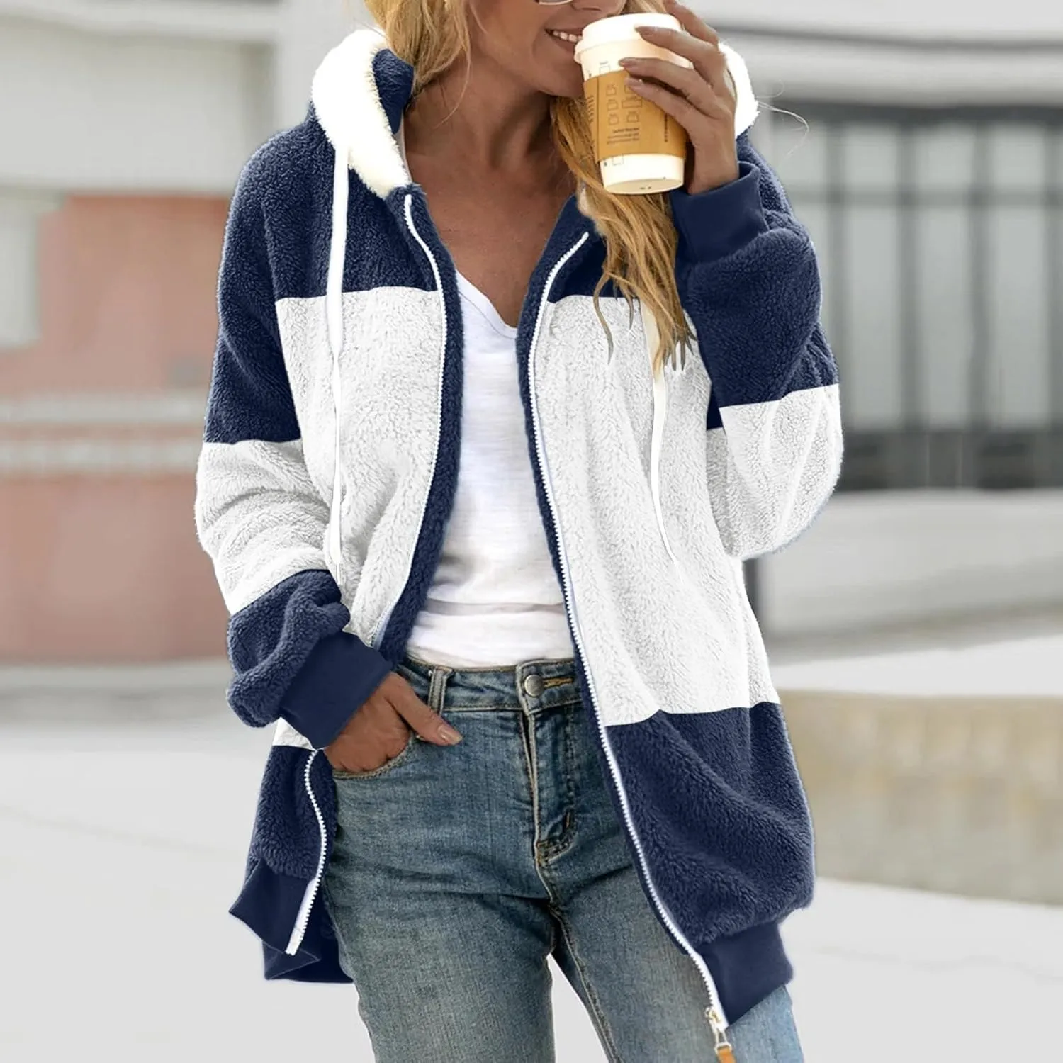 Womens Fuzzy Fleece Jacket Casual Color Block Zip Up Hoodies Winter Warm Sherpa Coats Long Sleeve Outerwear
