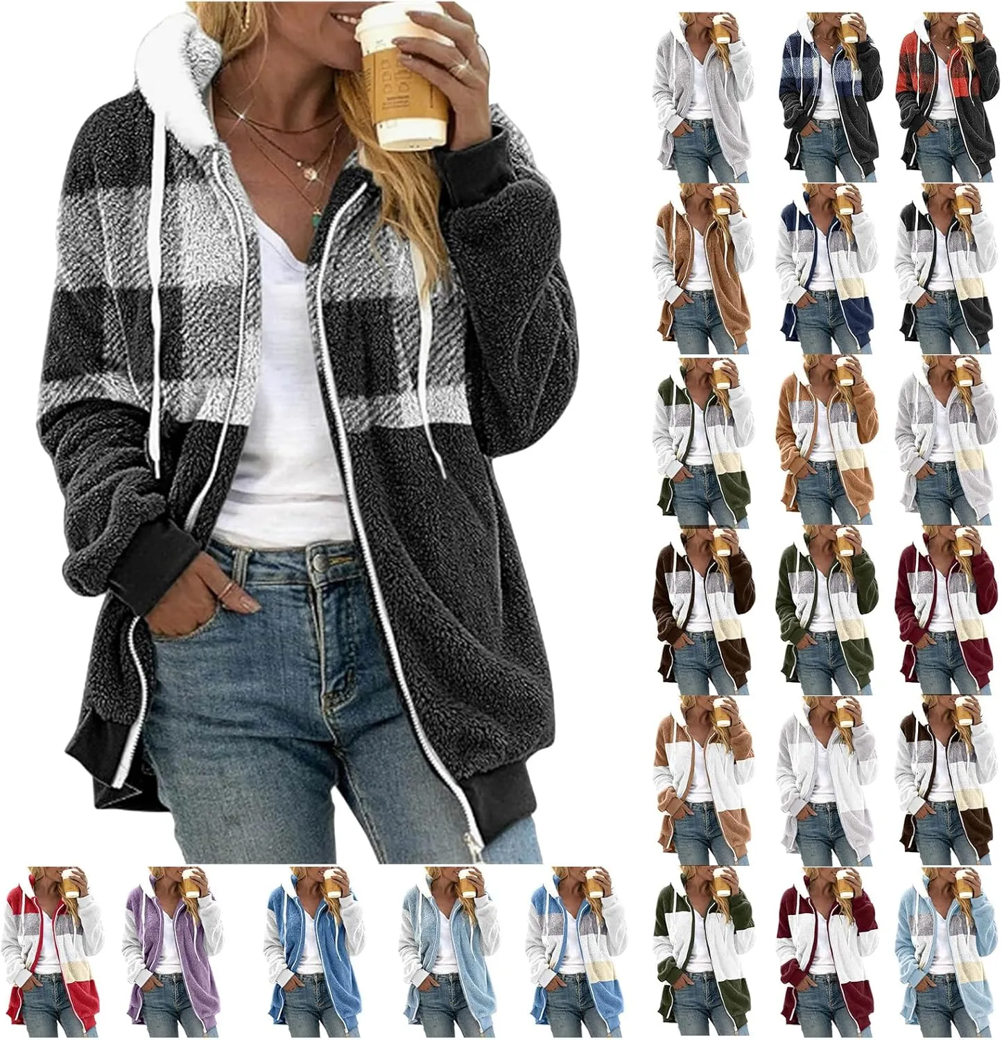 Womens Fuzzy Fleece Jacket Casual Color Block Zip Up Hoodies Winter Warm Sherpa Coats Long Sleeve Outerwear