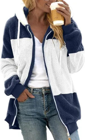 Womens Fuzzy Fleece Jacket Casual Color Block Zip Up Hoodies Winter Warm Sherpa Coats Long Sleeve Outerwear