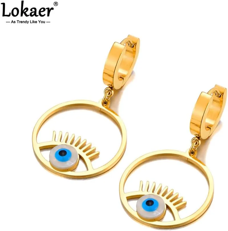 Women's Gold Plated Stainless Steel Huggie Hoop Earrings with Dangling Blue Evil Eye Shell Charm, 20mm x 15mm